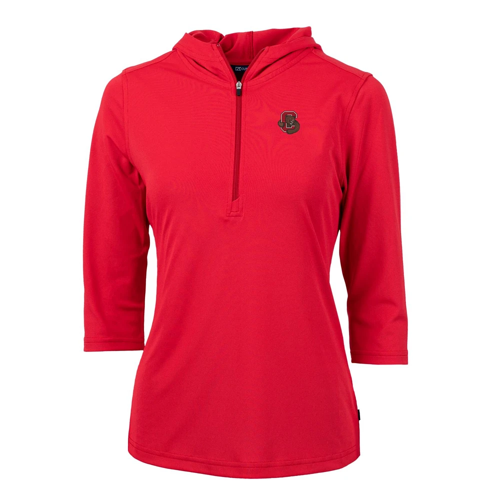 Women's Cutter & Buck Red Cornell Big Virtue Eco Pique Half-Zip 3/4 Sleeve Pullover Hoodie