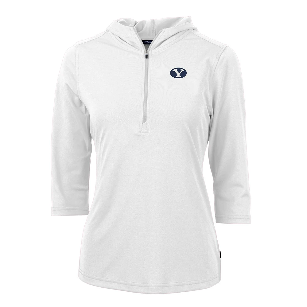 Women's Cutter & Buck White BYU Cougars Virtue Eco Pique Half-Zip 3/4 Sleeve Pullover Hoodie