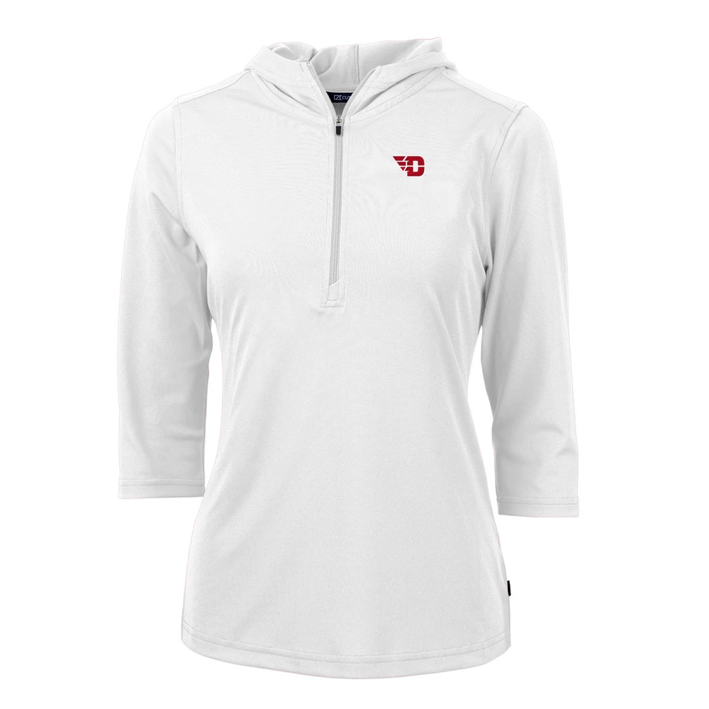 Women's Cutter & Buck White Dayton Flyers Virtue Eco Pique Half-Zip 3/4 Sleeve Pullover Hoodie