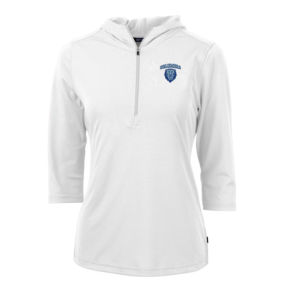 Women's Cutter & Buck White Columbia University Virtue Eco Pique Half-Zip 3/4 Sleeve Pullover Hoodie
