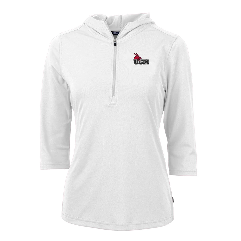 Women's Cutter & Buck White Central Missouri Mules Virtue Eco Pique Half-Zip 3/4 Sleeve Pullover Hoodie