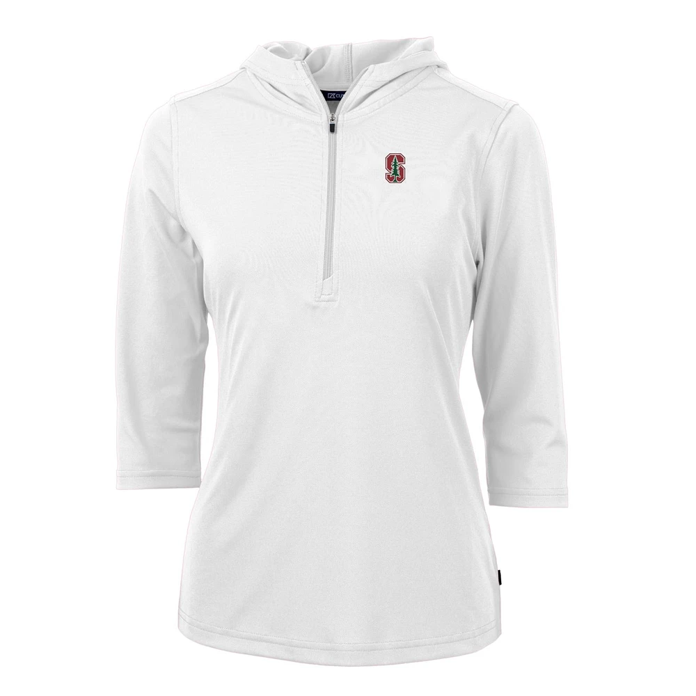 Women's Cutter & Buck White Stanford Cardinal Virtue Eco Pique Half-Zip 3/4 Sleeve Pullover Hoodie