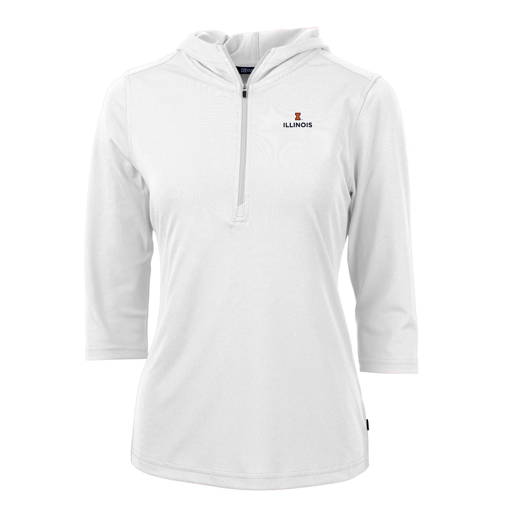 Women's Cutter & Buck White Illinois Fighting Illini Virtue Eco Pique Half-Zip 3/4 Sleeve Pullover Hoodie