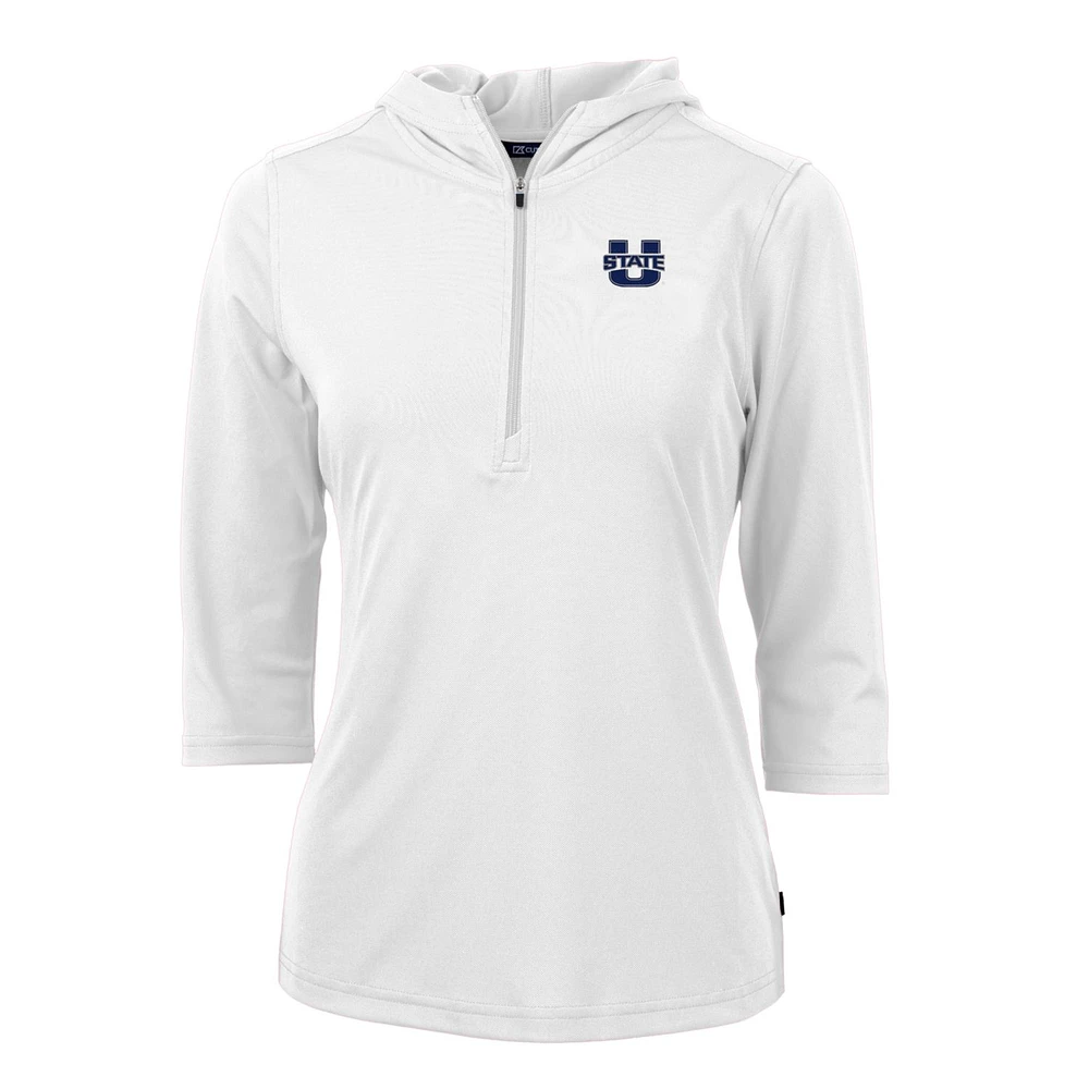 Women's Cutter & Buck White Utah State Aggies Virtue Eco Pique Half-Zip 3/4 Sleeve Pullover Hoodie