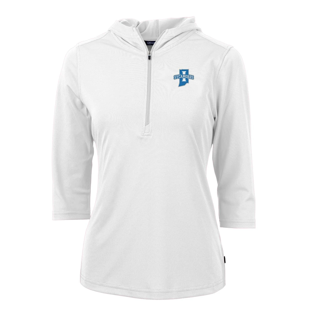 Women's Cutter & Buck White Indiana State Sycamores Virtue Eco Pique Half-Zip 3/4 Sleeve Pullover Hoodie