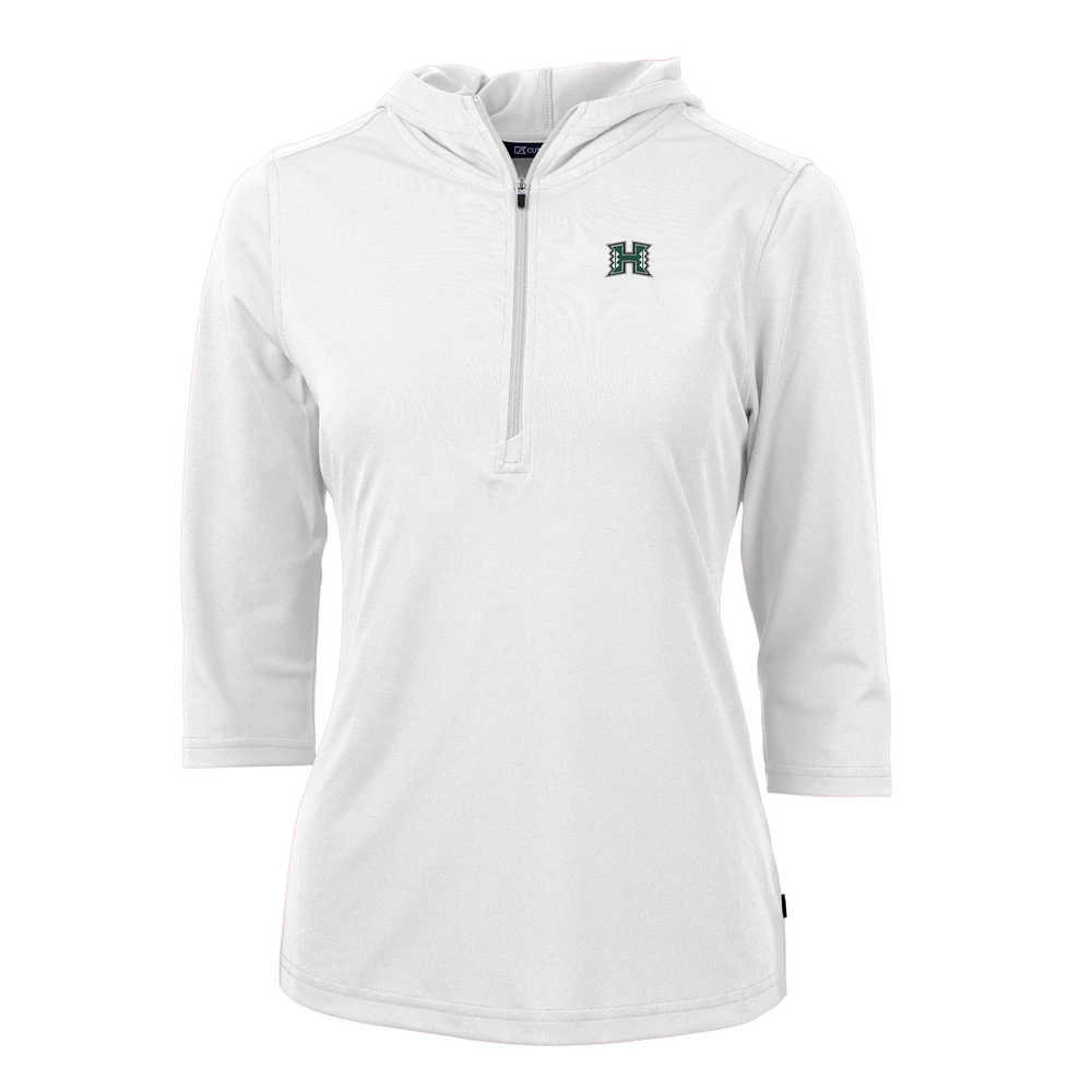 Women's Cutter & Buck White Hawaii Warriors Virtue Eco Pique Half-Zip 3/4 Sleeve Pullover Hoodie