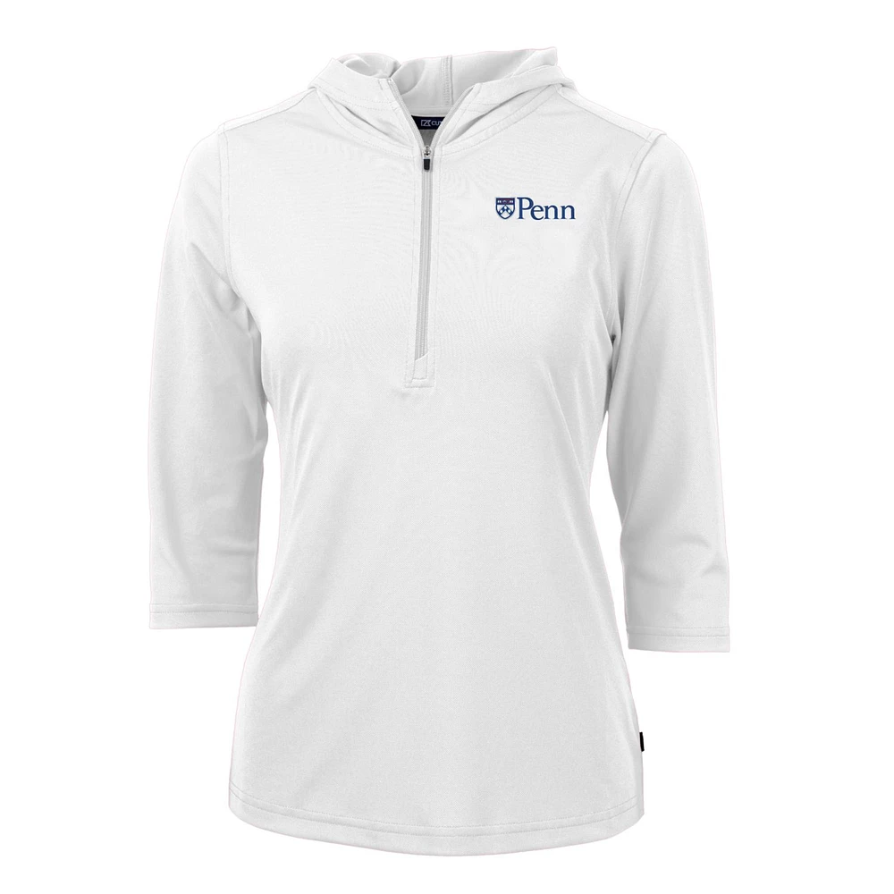 Women's Cutter & Buck White Pennsylvania Quakers Virtue Eco Pique Half-Zip 3/4 Sleeve Pullover Hoodie