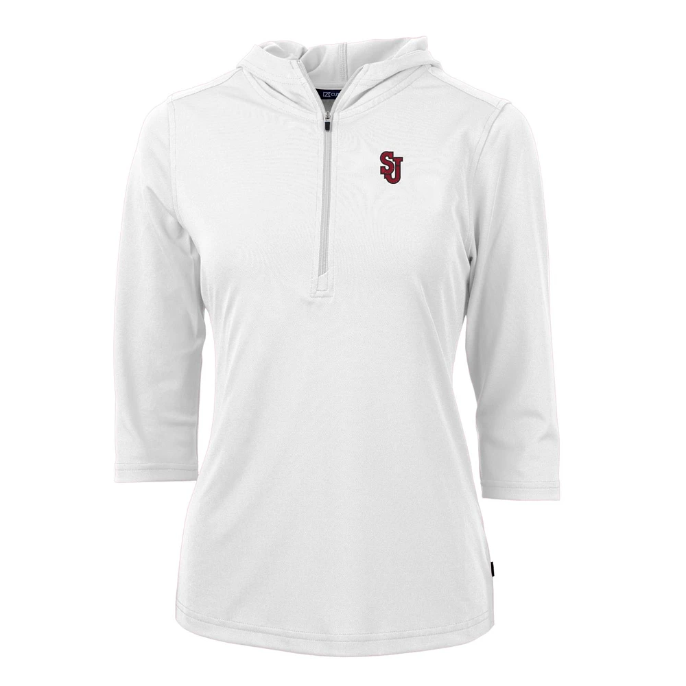 Women's Cutter & Buck White St. John's Red Storm Virtue Eco Pique Half-Zip 3/4 Sleeve Pullover Hoodie