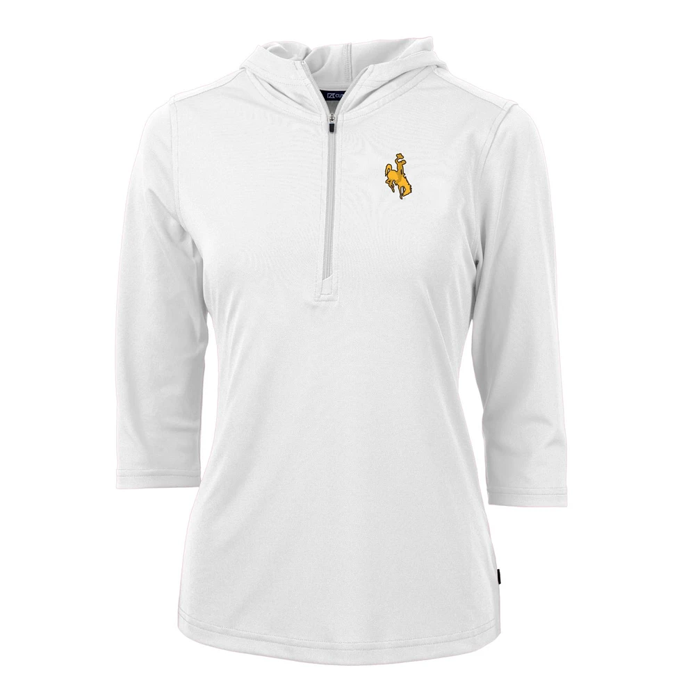 Women's Cutter & Buck Wyoming Cowboys Virtue Eco Pique Half-Zip 3/4 Sleeve Pullover Hoodie