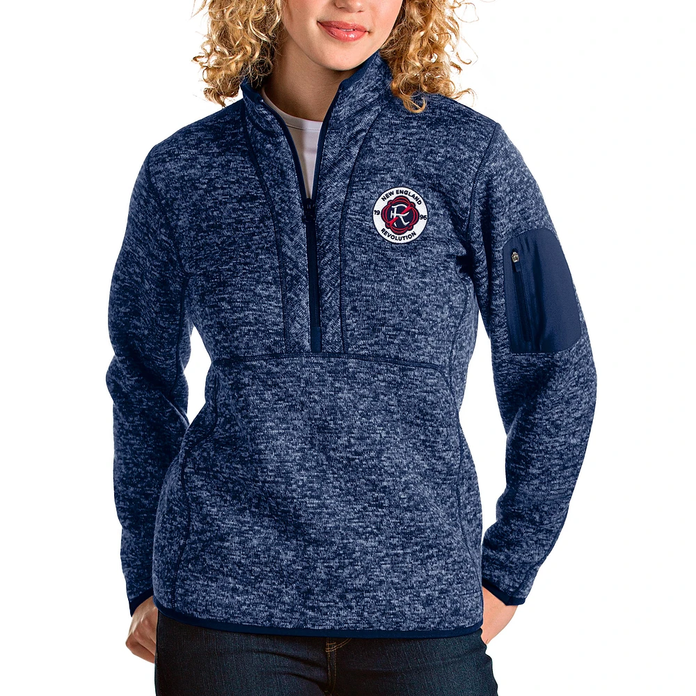 Women's Antigua Heathered Navy New England Revolution Logo Fortune Quarter-Zip Pullover Jacket