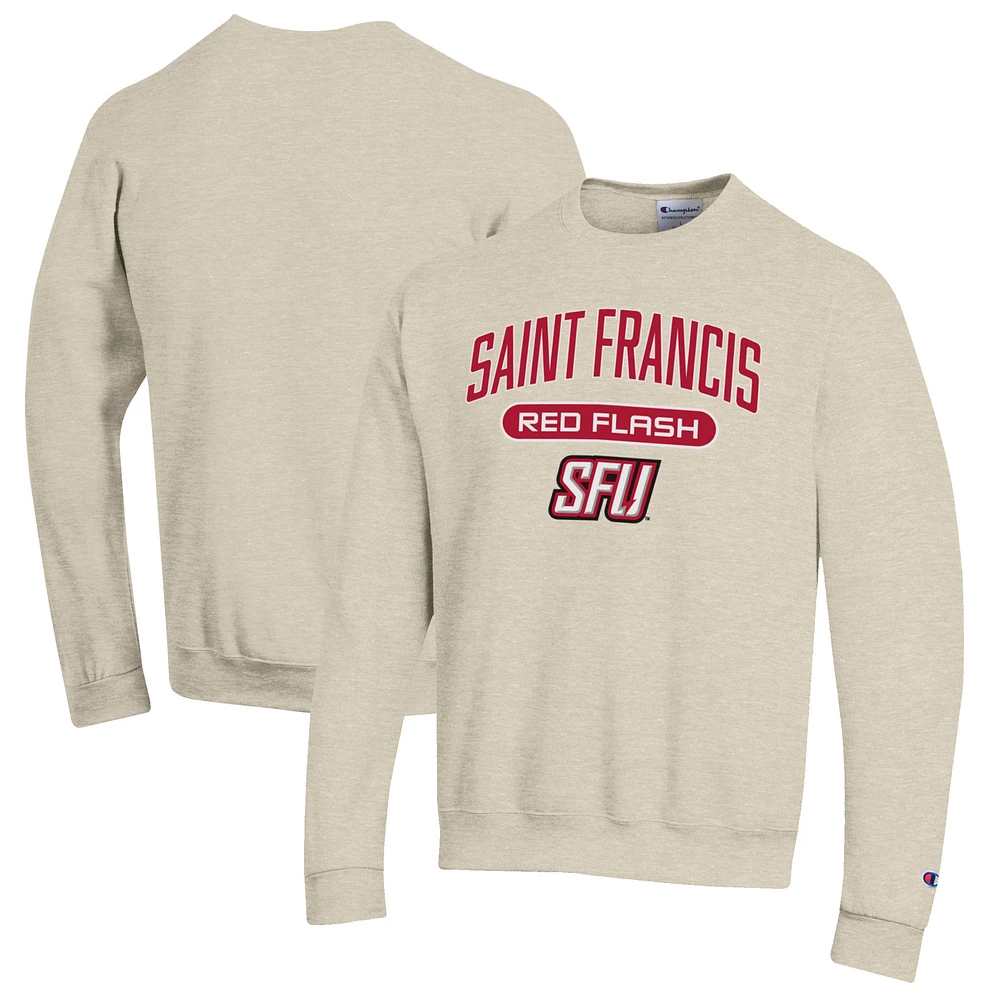 Men's Champion Heathered Oatmeal Saint Francis Red Flash Eco Powerblend Crewneck Sweatshirt