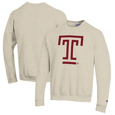 Men's Champion Heathered Oatmeal Temple Owls Eco Powerblend Crewneck Sweatshirt