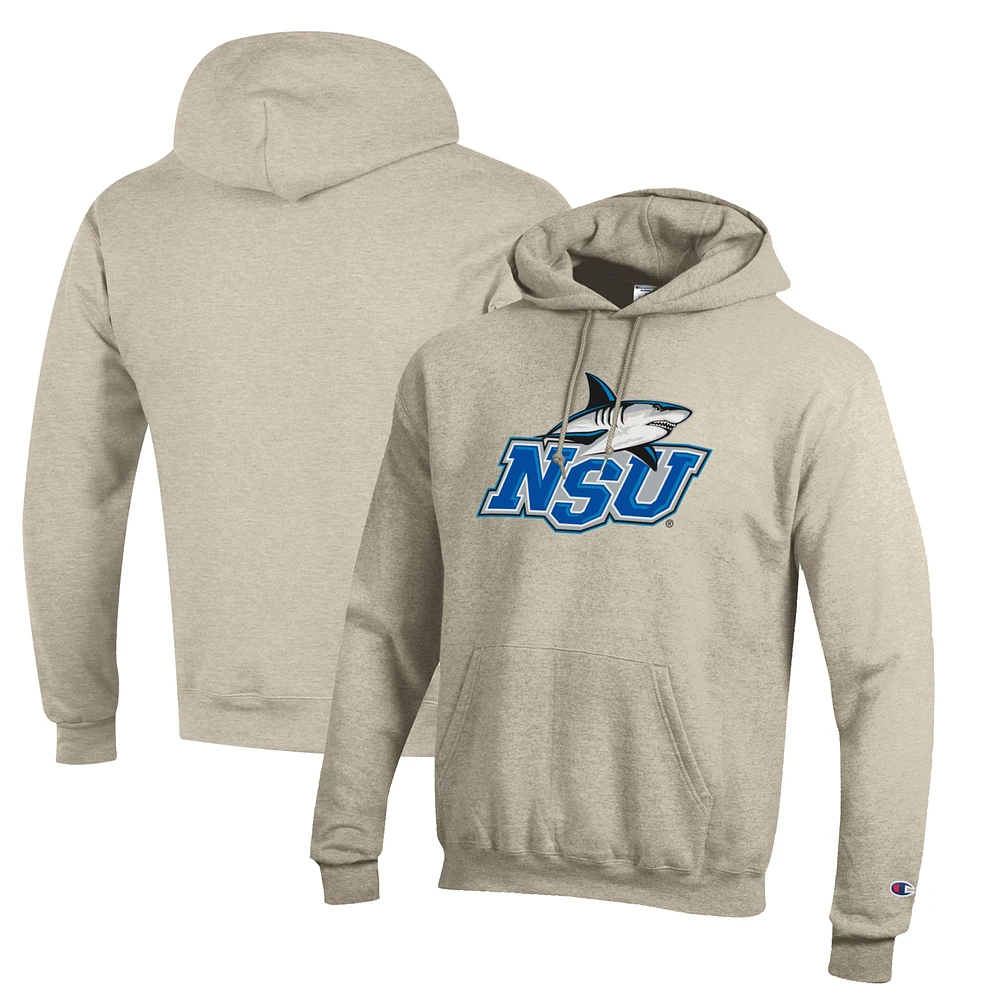 Men's Champion Oatmeal Nova Southeastern Sharks Eco Powerblend Pullover Hoodie