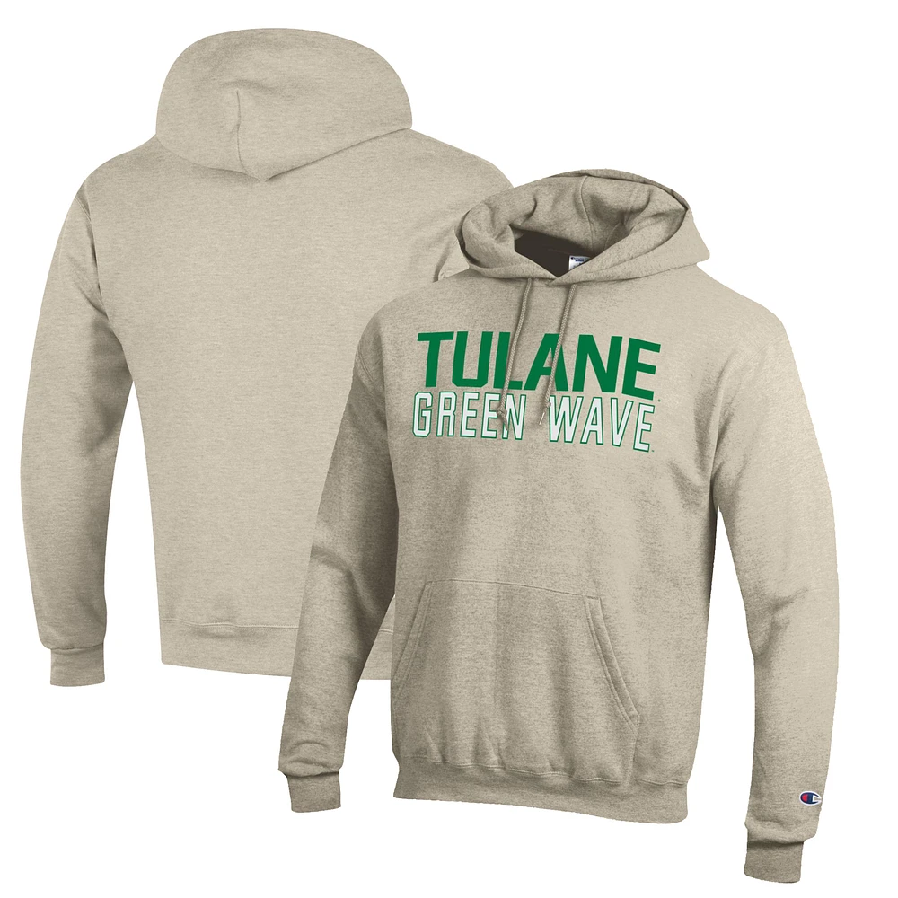 Men's Champion Oatmeal Tulane Green Wave Eco Powerblend Pullover Hoodie
