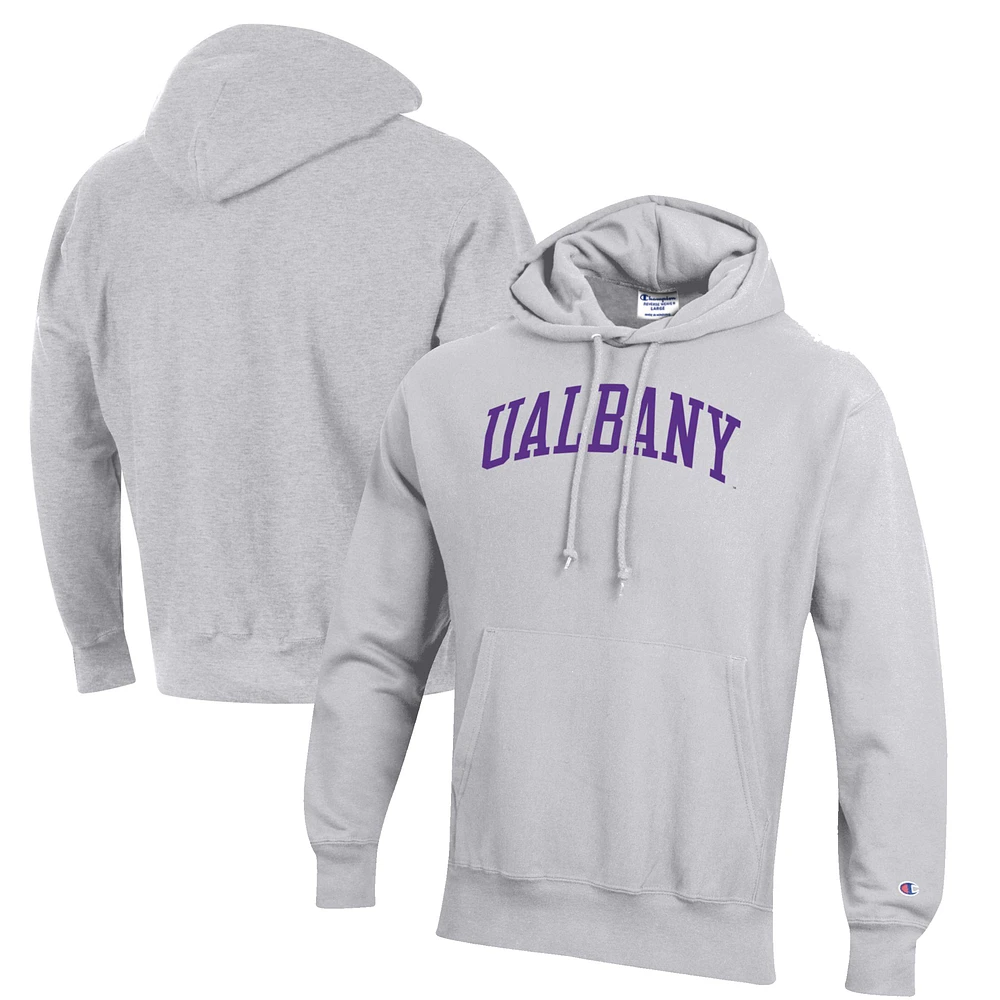 Men's Champion Heathered Gray Albany Great Danes Reverse Weave Fleece Pullover Hoodie