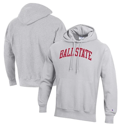 Men's Champion Heathered Gray Ball State Cardinals Reverse Weave Fleece Pullover Hoodie