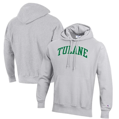 Men's Champion Heathered Gray Tulane Green Wave Reverse Weave Fleece Pullover Hoodie