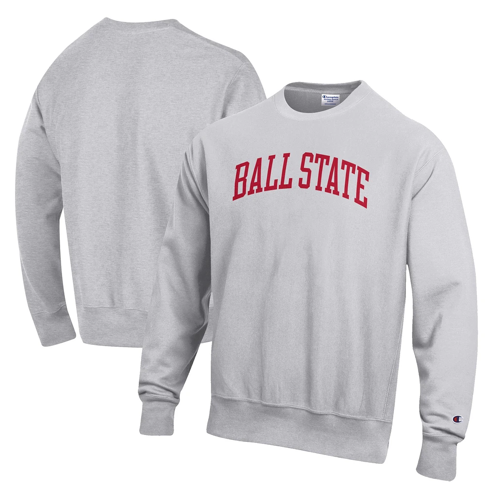 Men's Champion Heathered Gray Ball State Cardinals Reverse Weave Fleece Crewneck Sweatshirt