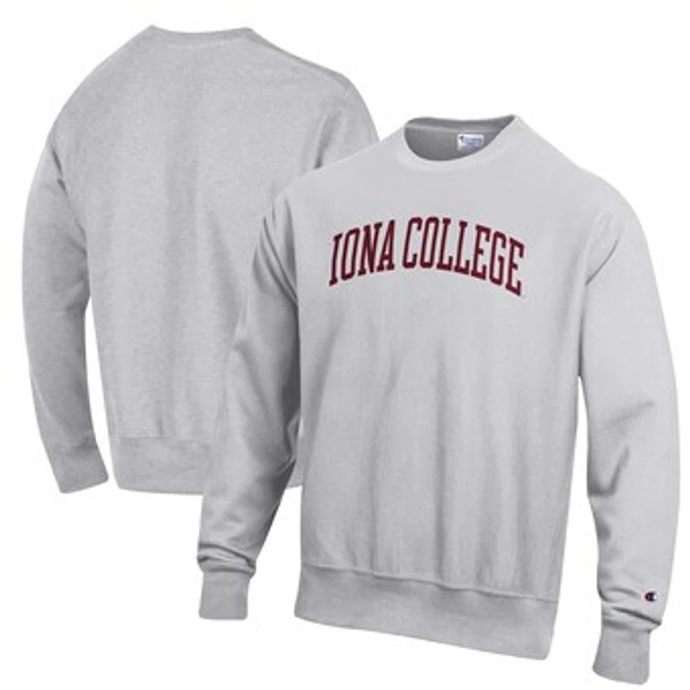 Men's Champion Heather Gray Iona University Gaels Reverse Weave Fleece Crewneck Sweatshirt