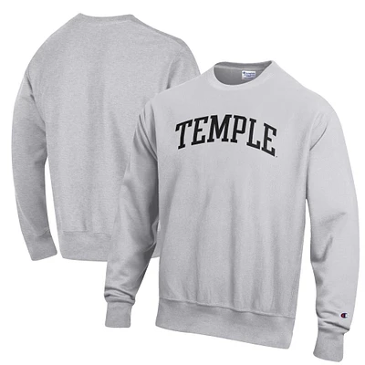 Men's Champion Heathered Gray Temple Owls Reverse Weave Fleece Crewneck Sweatshirt