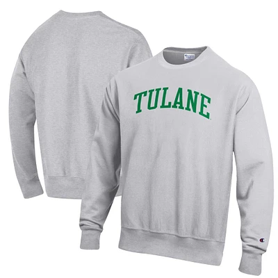 Men's Champion Heathered Gray Tulane Green Wave Reverse Weave Fleece Crewneck Sweatshirt
