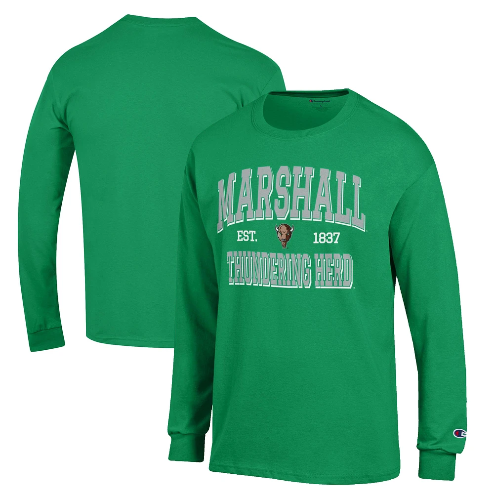 Men's Champion Kelly Green Marshall Thundering Herd Jersey Est. Date Long Sleeve T-Shirt