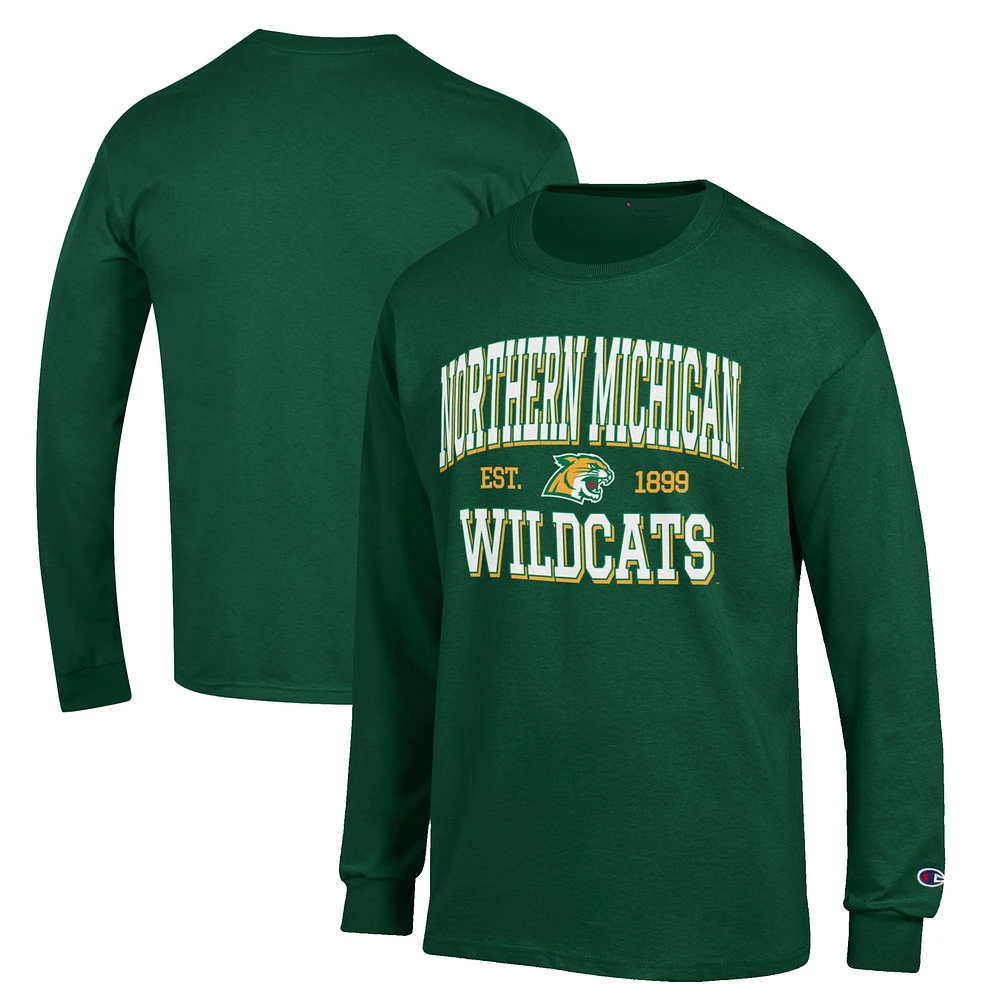 Men's Champion Green Northern Michigan Wildcats Jersey Est. Date Long Sleeve T-Shirt