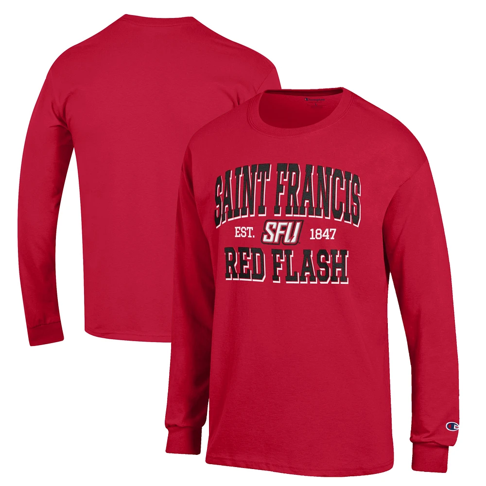 Men's Champion Red Saint Francis Flash Jersey Est. Date Long Sleeve T-Shirt