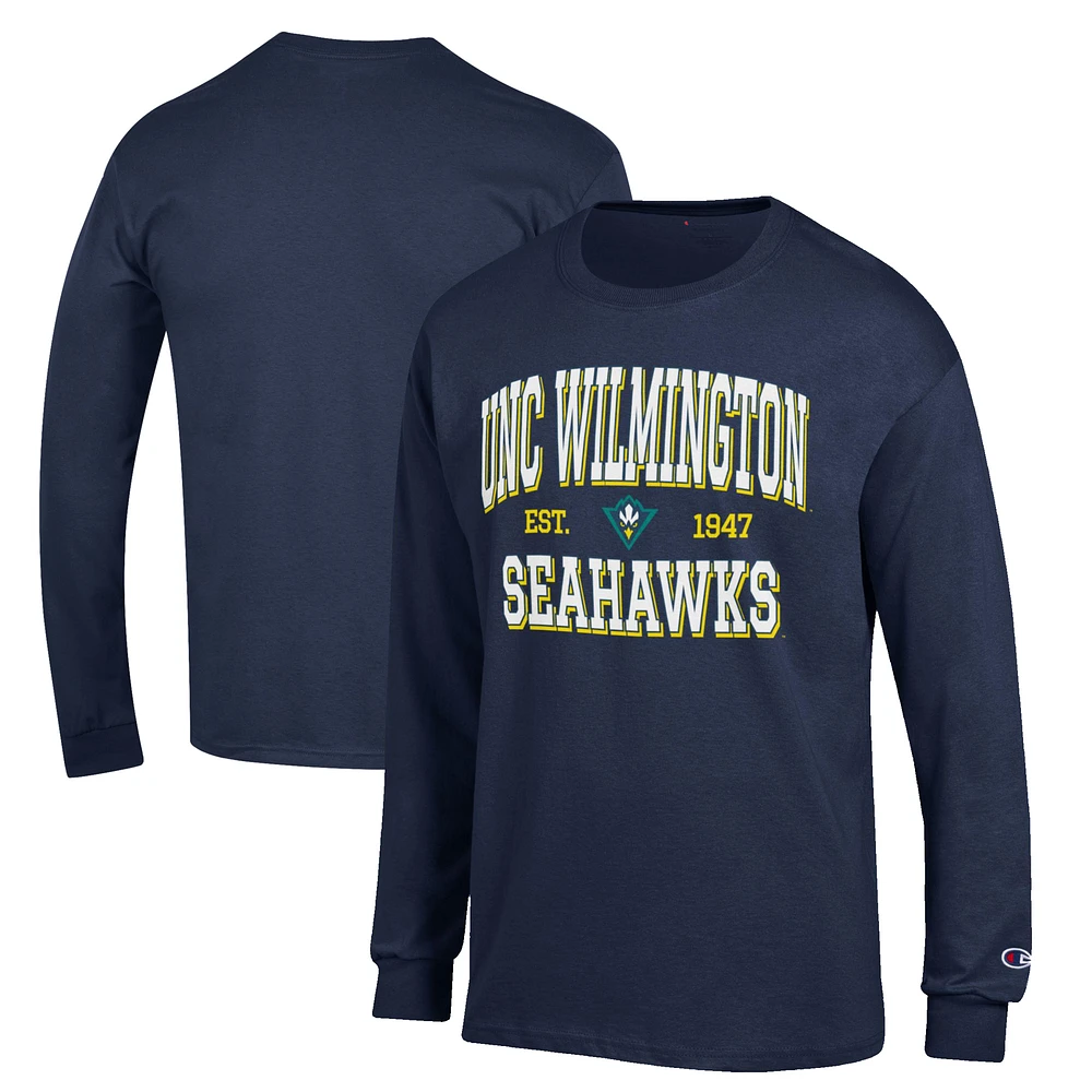 Men's Champion Navy UNC Wilmington Seahawks Jersey Est. Date Long Sleeve T-Shirt