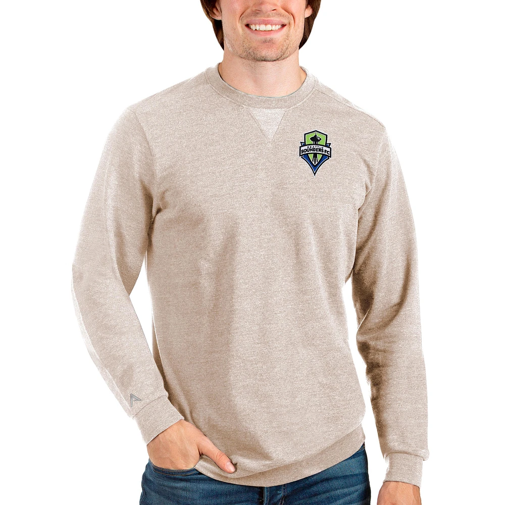 Men's Antigua Oatmeal Seattle Sounders FC Reward Crewneck Pullover Sweatshirt