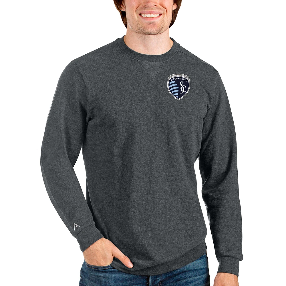 Men's Antigua Heathered Charcoal Sporting Kansas City Reward Crewneck Pullover Sweatshirt