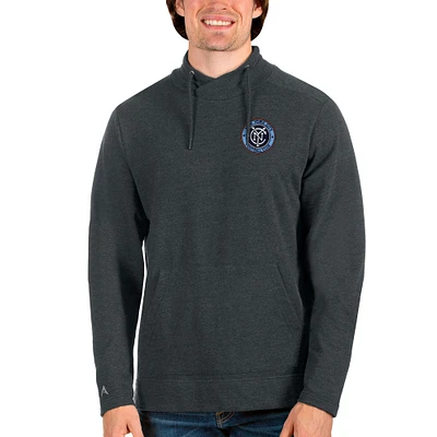 Men's Antigua Heathered Charcoal New York City FC Reward Crossover Neckline Pullover Sweatshirt