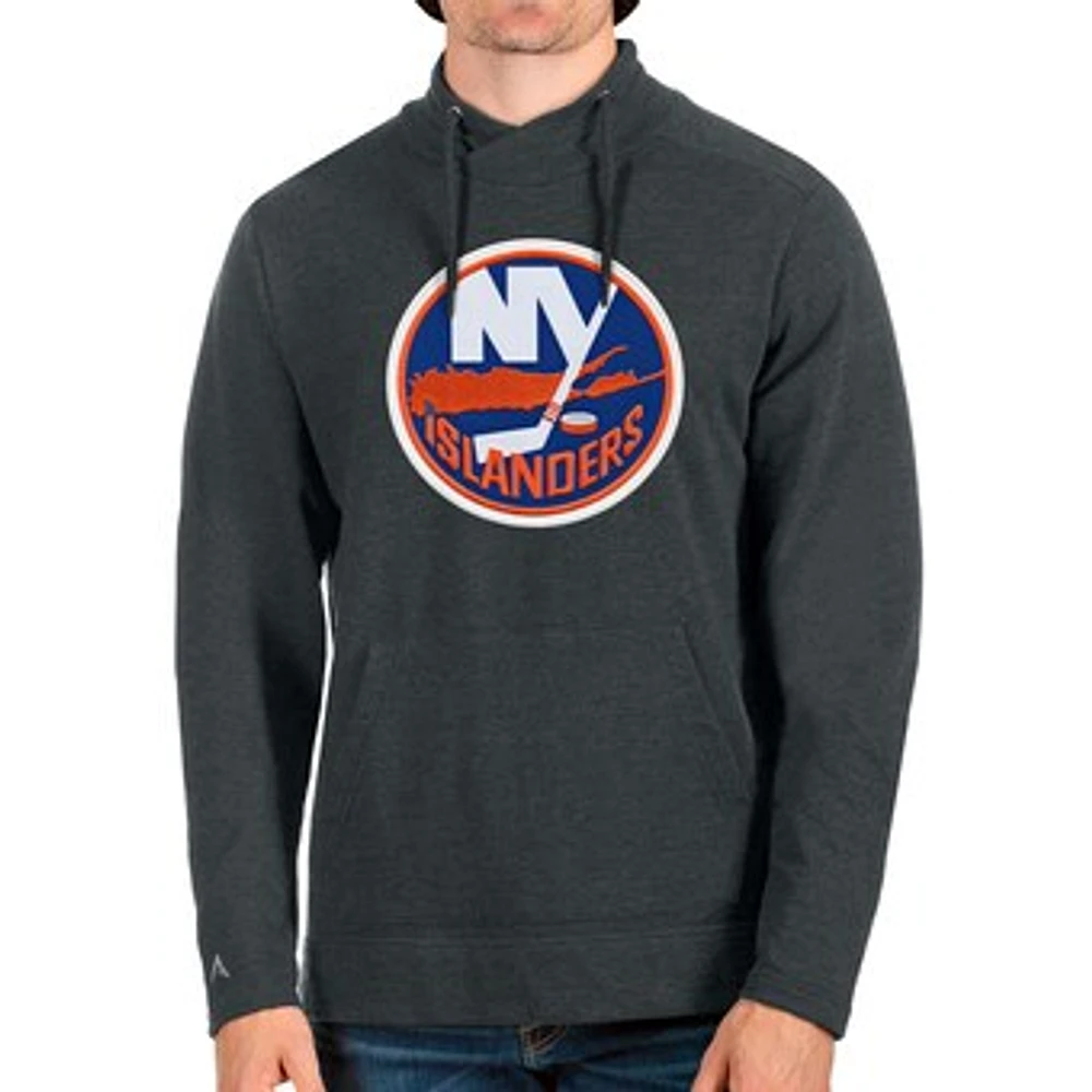 Men's Antigua Heathered Charcoal New York Islanders Reward Crossover Neckline Pullover Sweatshirt