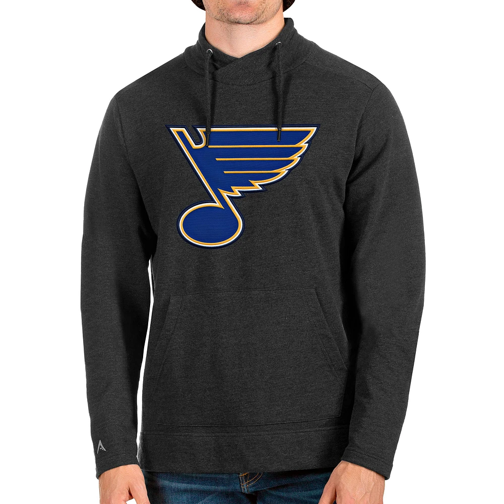Men's Antigua Heathered Black St. Louis Blues Reward Crossover Neckline Pullover Sweatshirt