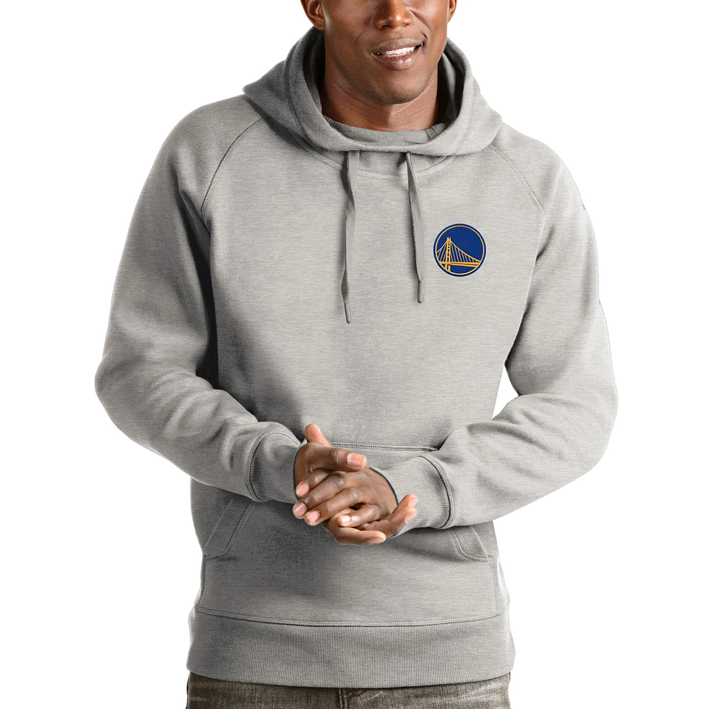 Men's Antigua Heathered Gray Golden State Warriors Victory Pullover Hoodie