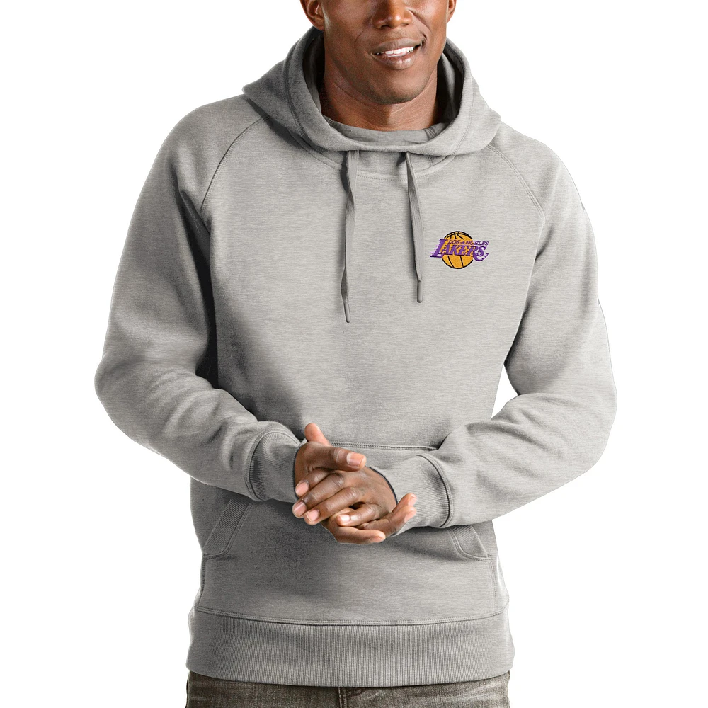 Men's Antigua Heathered Gray Los Angeles Lakers Victory Pullover Hoodie
