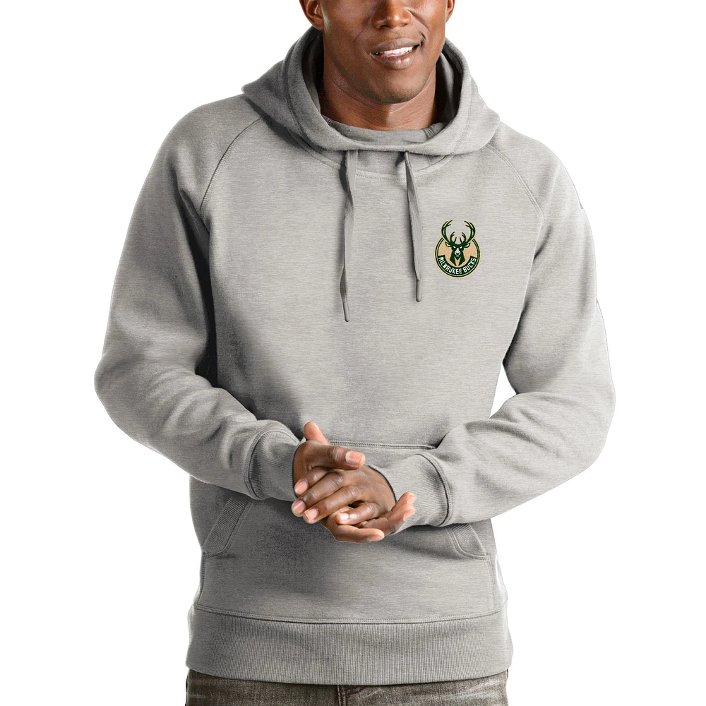 Men's Antigua Heathered Gray Milwaukee Bucks Victory Pullover Hoodie