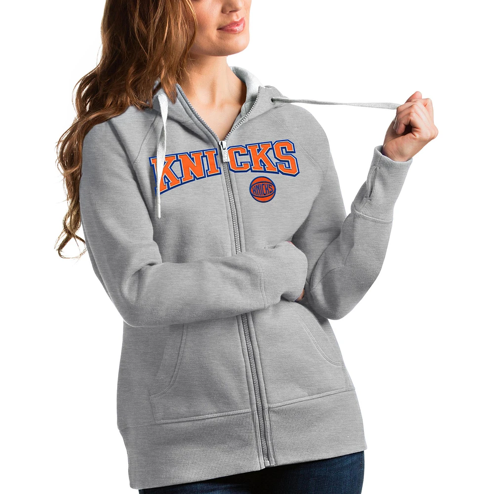 Women's Antigua Heathered Gray New York Knicks Team Victory Full-Zip Hoodie