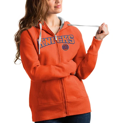 Women's Antigua Orange New York Knicks Team Victory Full-Zip Hoodie