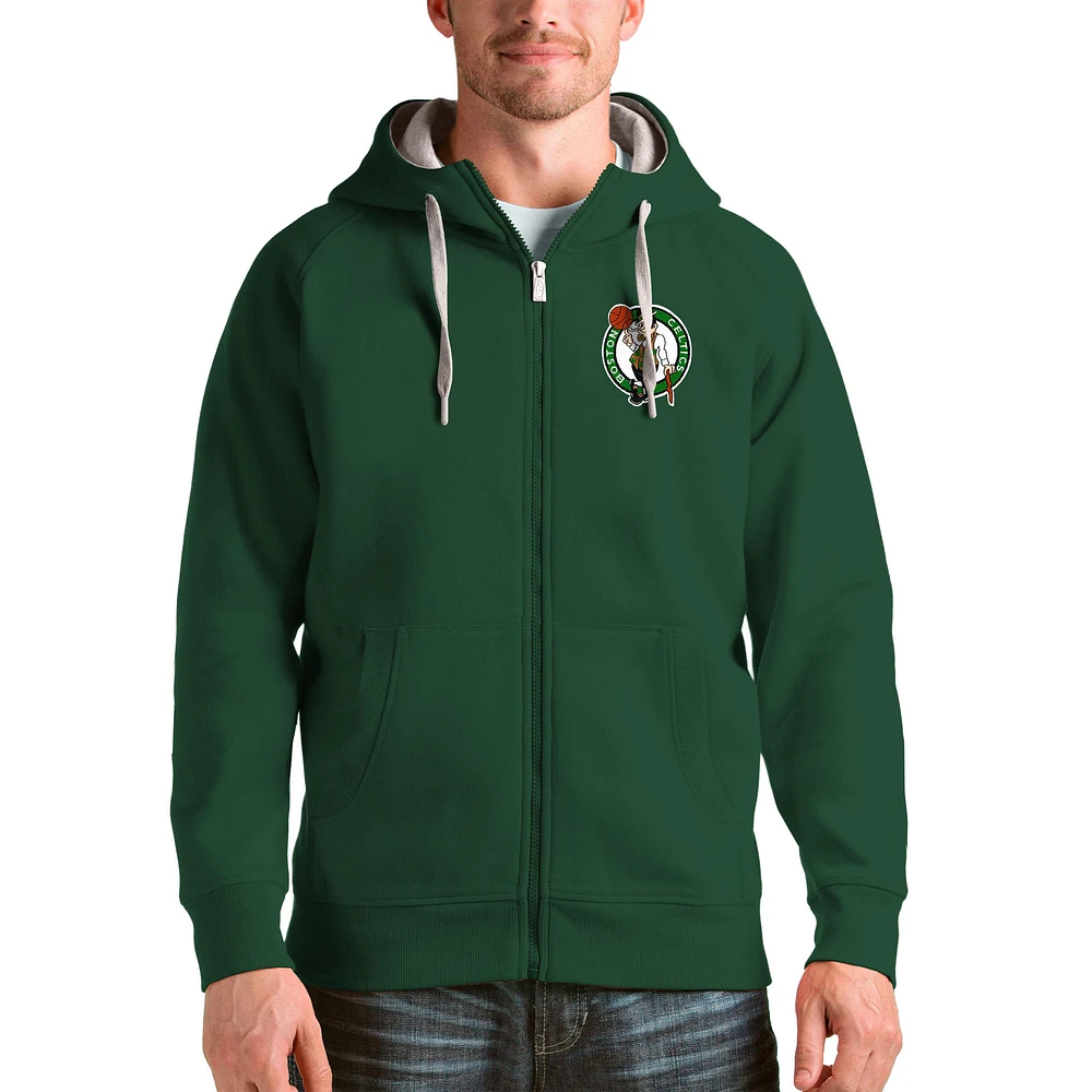 Men's Antigua Hunter Green Boston Celtics Logo Victory Full-Zip Hoodie