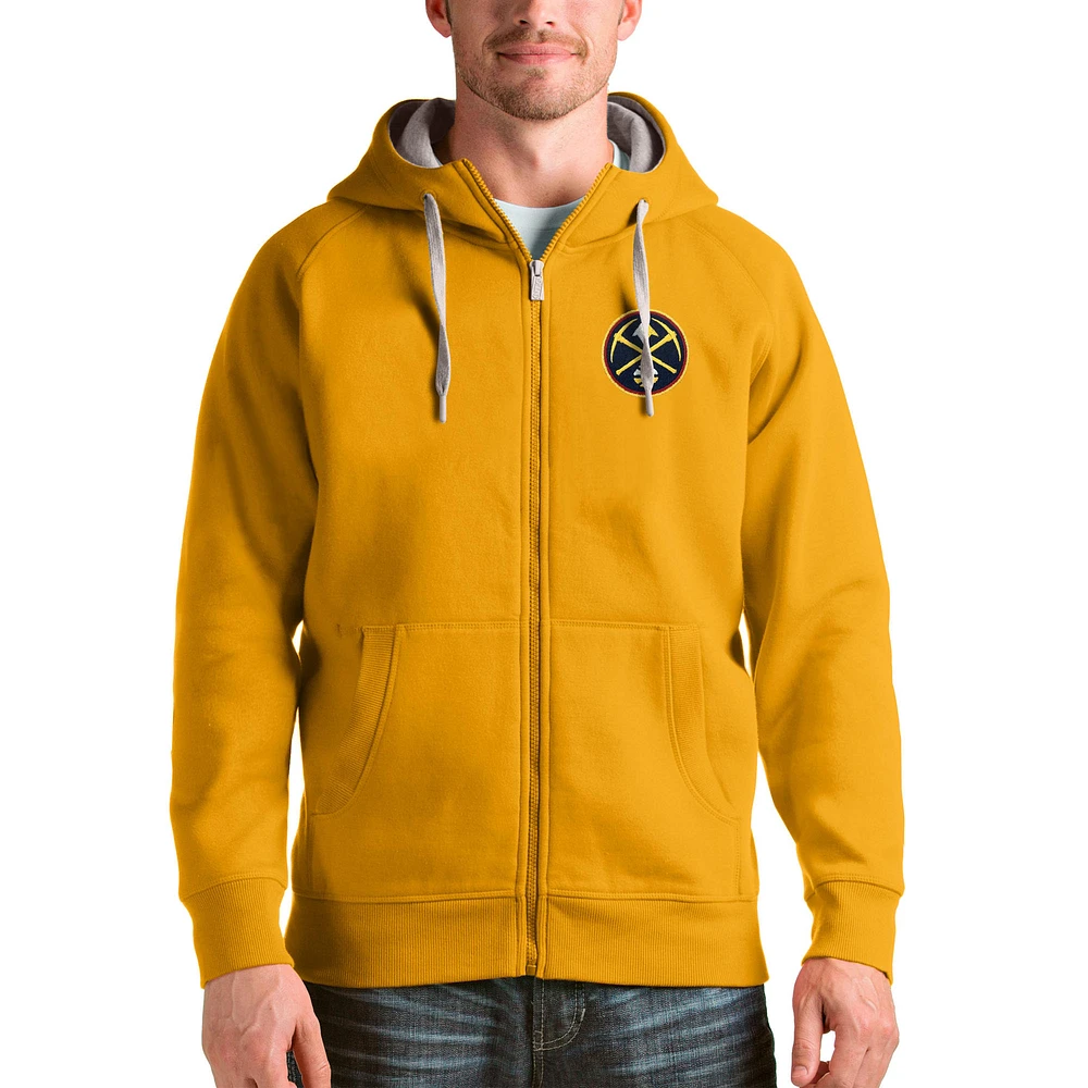 Men's Antigua Gold Denver Nuggets Logo Victory Full-Zip Hoodie