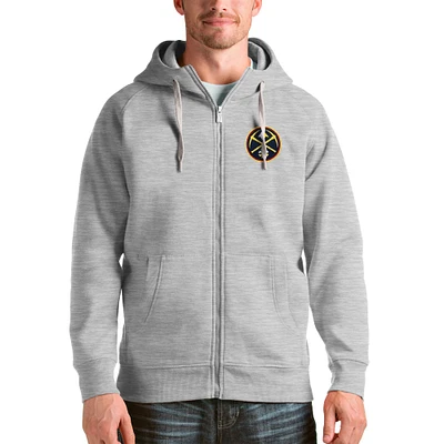 Men's Antigua Heathered Gray Denver Nuggets Logo Victory Full-Zip Hoodie