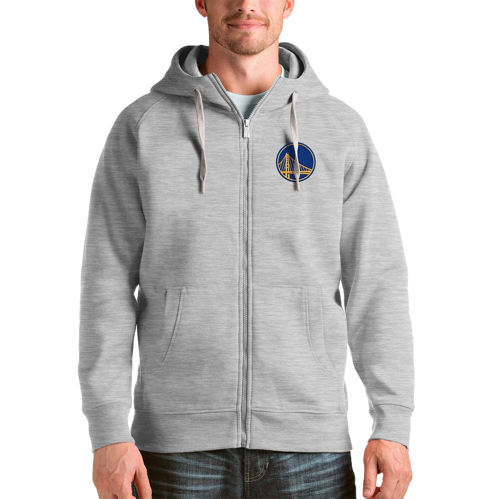 Men's Antigua Heathered Gray Golden State Warriors Logo Victory Full-Zip Hoodie
