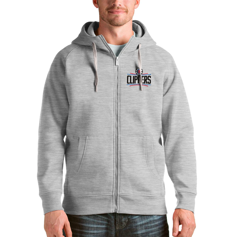 Men's Antigua Heathered Gray LA Clippers Logo Victory Full-Zip Hoodie
