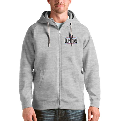 Men's Antigua Heathered Gray LA Clippers Logo Victory Full-Zip Hoodie