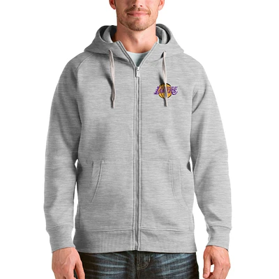 Men's Antigua Heathered Gray Los Angeles Lakers Logo Victory Full-Zip Hoodie