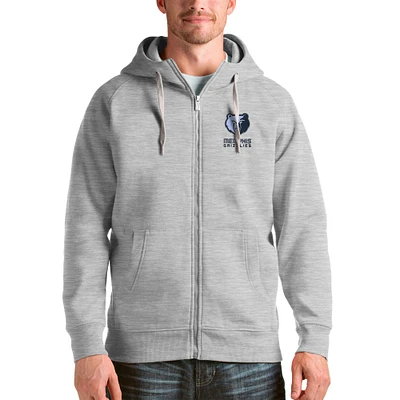 Men's Antigua Heathered Gray Memphis Grizzlies Logo Victory Full-Zip Hoodie