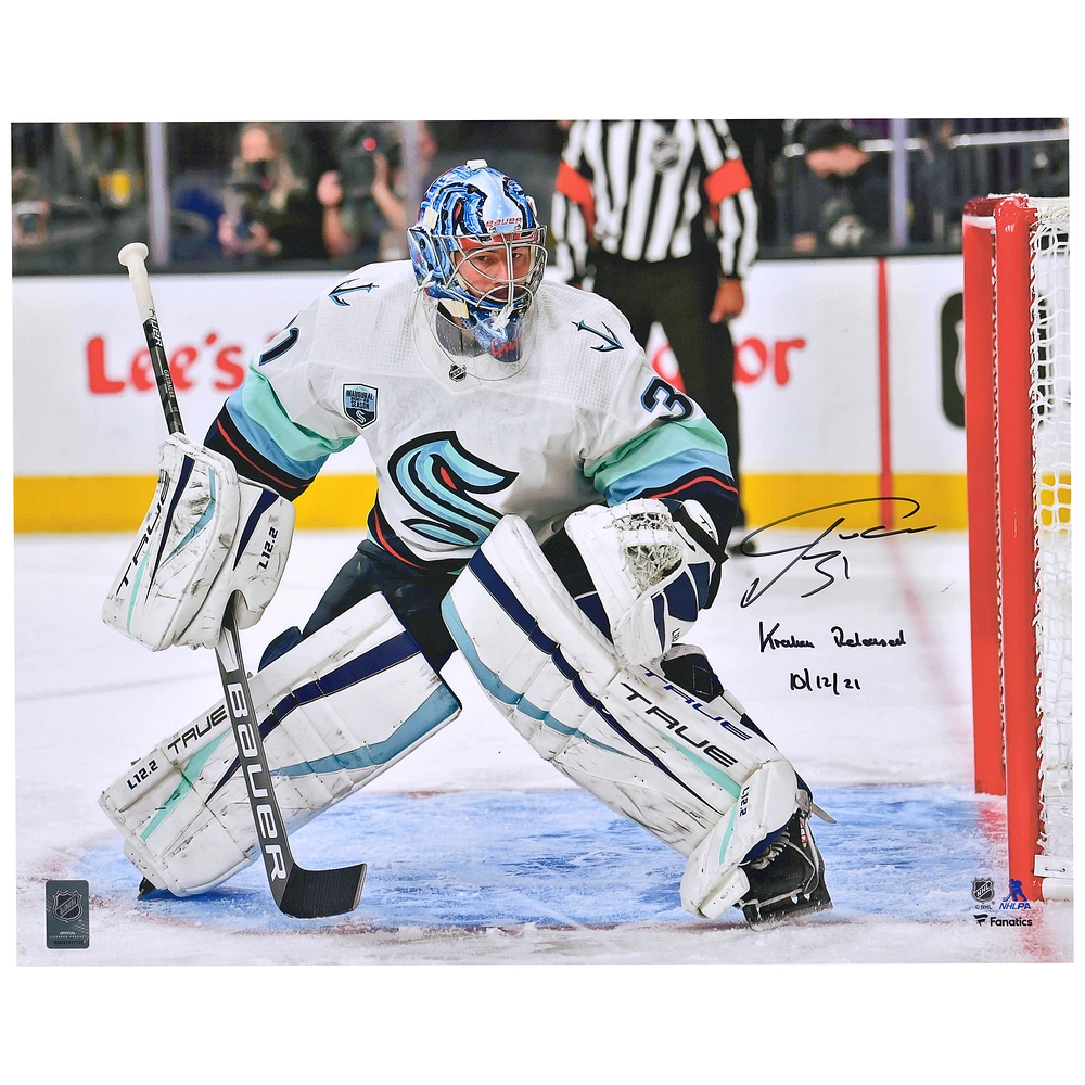 Philipp Grubauer Seattle Kraken Autographed 16'' x 20'' First Game vs. Las Vegas Golden Knights Photograph with ''Kraken Released 10/12/21'' Inscription