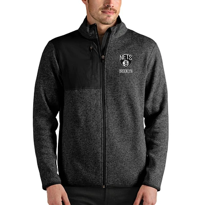 Men's Antigua Heathered Black Brooklyn Nets Fortune Full-Zip Jacket