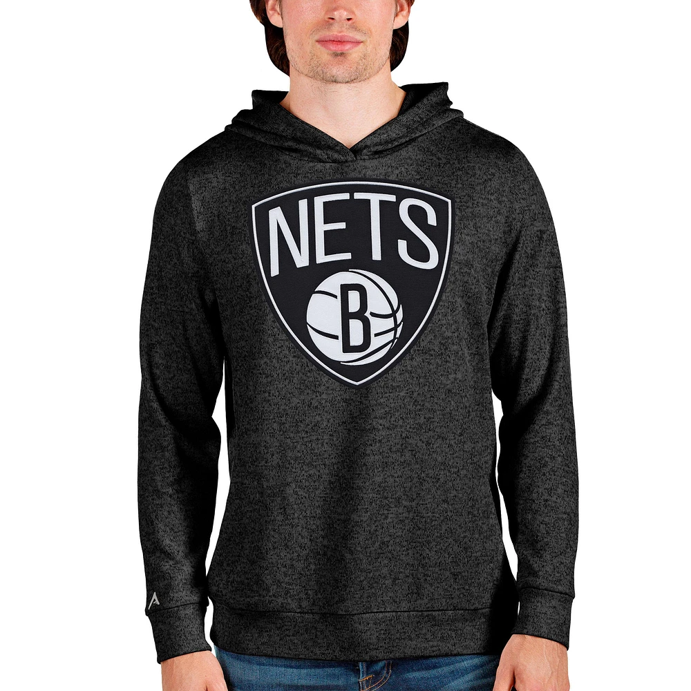 Men's Antigua Heathered Black Brooklyn Nets Logo Absolute Pullover Hoodie